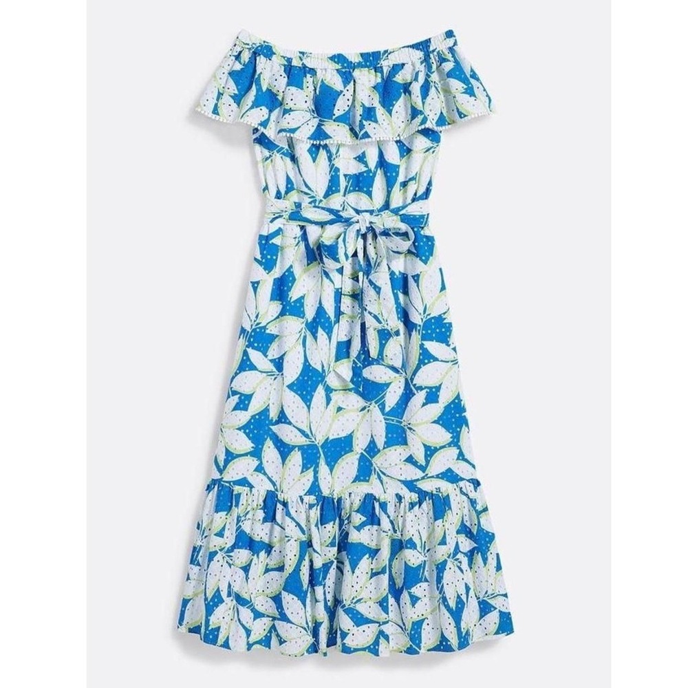Draper James Off-Shoulder Eyelet White Blue Floral Cotton Belted Dress Size S